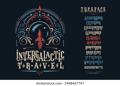  Fuente Intergalactic Travel. Diseño de tipografía vintage. Alfabeto de visualización de gráficos. Letras tipo fantasía. Caracteres de Latina, números. Ilustración vectorial. Insignia vieja, etiqueta, Plantilla del logotipo.