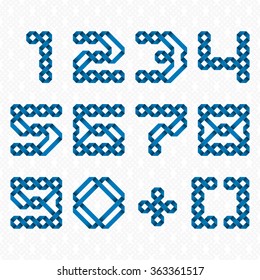Font of intertwined paper bands. One, two, three, four, five, six, seven, eight, nine, zero, plus, brackets blue relief figures on a white patterned background.
