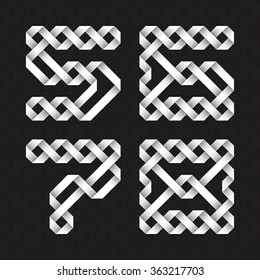 Font of intertwined paper ribbons. Five, six, seven, eight white relief figures on a black patterned background.