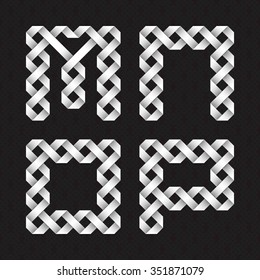 Font of intertwined paper ribbons. M, N, O, P white relief letters on a black patterned background.