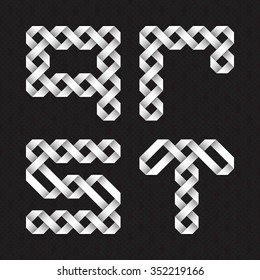 Font of intertwined paper ribbons. Q, R, S, T white relief letters on a black patterned background.