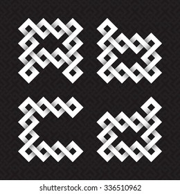 Font of interwoven strips. A, B, C, D white relief letters on a black patterned background.