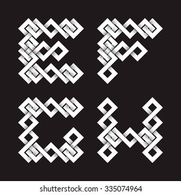 Font of interwoven strips. E, F, G, H letters.