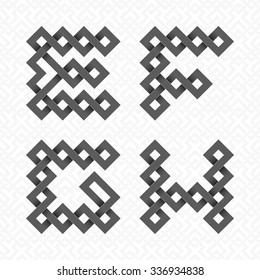 Font of interwoven strips. E, F, G, H black relief letters on a white patterned background.