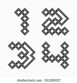 Font of interwoven strips. One, two, three, four black relief figures on a white patterned background.