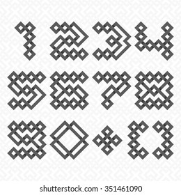 Font of interwoven strips. One, two, three, four, five, six, seven, eight, nine, zero, plus, brackets black relief figures on a white patterned background.