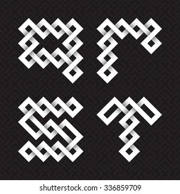 Font of interwoven strips. Q, R, S, T white relief letters on a black patterned background.