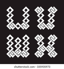 Font of interwoven strips. U, V, W, X letters.
