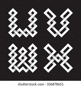 Font of interwoven strips. U, V, W, X white relief letters on a black patterned background.