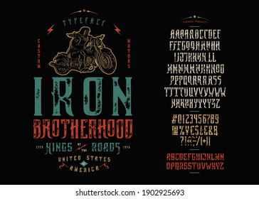 Font Iron Brotherhood. Craft retro vintage typeface design. Graphic display alphabet. Fantasy type letters. Latin characters, numbers. Vector illustration. Old badge, label, logo template. - Shutterstock ID 1902925693
