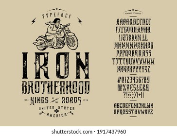 Font Iron Brotherhood. Craft retro vintage typeface design. Graphic display alphabet. Fantasy type letters. Latin characters, numbers. Vector illustration. Old badge, label, logo template.
