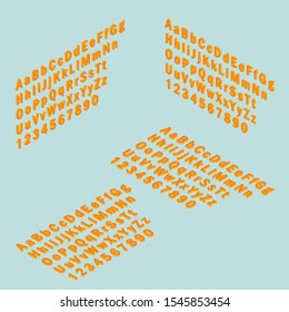 Font isometric 3d letters and numbers cartoon orange. Upper and lower case letters
