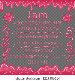 Font from jam. Blot and liquid jelly at the edge, top, and bottom. Frame transparent, the font isn't. Background transparent in EPS. Frame transparent in a vector program. Vector Illustration. EPS 10.