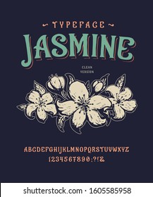 Font Jasmine. Craft retro vintage typeface design. Graphic display alphabet. Historic style letters. Latin characters and numbers. Vector illustration. Old badge, label, logo template.
