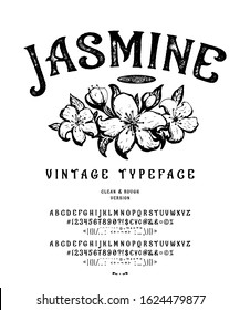 Font Jasmine. Craft retro vintage typeface design. Graphic display alphabet. Historic style letters. Latin characters and numbers. Vector illustration. Old badge, label, logo template.
