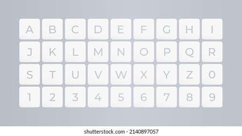 Font keyboard for digital world, virtual reality, HUD interface. ABC symbols in square for educational and logic games. Vector typography