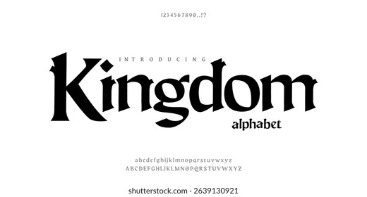 Font the Kingdom. Vintage typeface design. Graphic display alphabet. Fantasy type of letters. Latin characters, numbers. Vector illustration. Old badge, label, logo template. theme Royal, castle, 