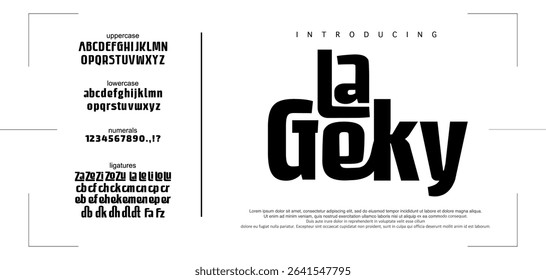 Font La Geky. Minimal modern logo alphabet font. Typography abstract sans serif technology, electronic, movie, future, creative brand logos fonts. vector illustration. Sport teenage young typeface