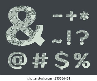 Font with lace in grey colors, symbols