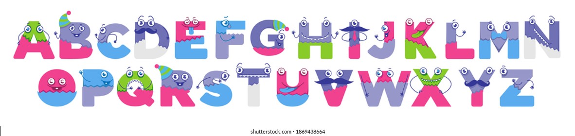 Font letter with funny character faces, eyes and facial expression. Alphabet and typography. Childish abs font, trendy elements for decoration. Emoticons and bright lettering. Vector in flat style