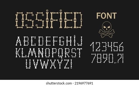 Font with letters, numbers made of bones. Latin alphabet type of skeleton bones, stylized small eyes, question mark, exclamation point, comma included. White symbols on black background.