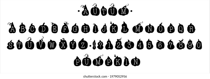 Font, letters in the shape of a pumpkin. For autumn inscriptions and holidays. Isolated on a black background, for plotter cutting and stickers.