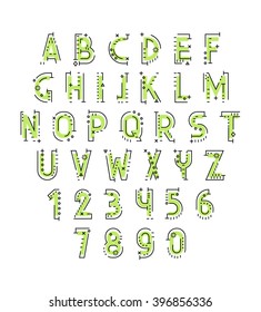 Font in line flat style modern decorative. Conceptual alphabet. Geometric letters of sign. Techno style. Cryptography