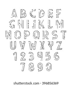 Font in line flat style modern decorative. Conceptual alphabet. Geometric letters of sign. Techno style. Cryptography