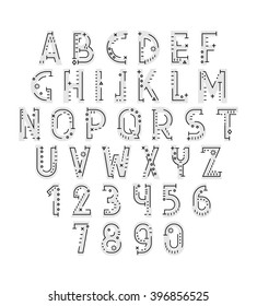Font in line flat style modern decorative. Conceptual alphabet. Geometric letters of sign. Techno style. Cryptography