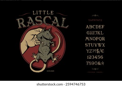 Font Little Rascal. Craft vintage typeface design. Graphic display alphabet. Fantasy type letters. Latin characters, numbers. Vector illustration. Old badge, label, logo template.
