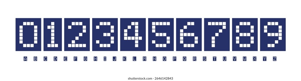 Fonte Números de logotipo Alfabeto numérico Tipografia Design Tipo de vetor face. Dígitos de grade de pixel com estilo de placar, impacto digital retro para contadores desportivos, arcade da velha escola, layout de contagem regressiva