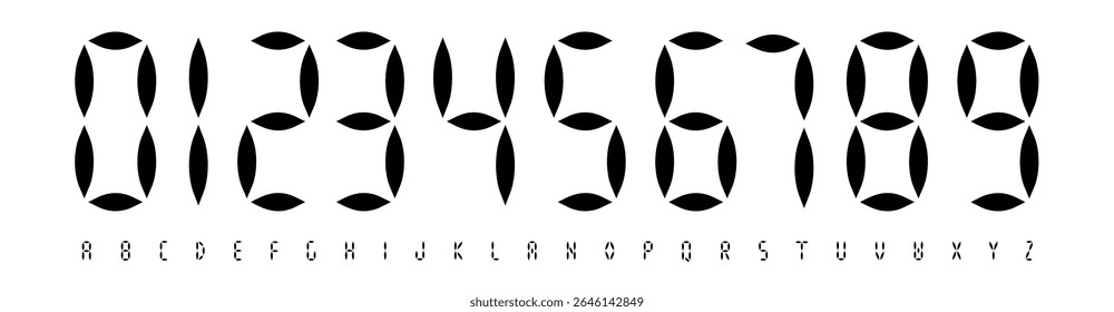 Fonte Números de logotipo Alfabeto numérico Tipografia Design Tipo de vetor face. Números segmentados digitais com sensação retro-futurista para projetos digitais, display clocks, e-sport team jersey