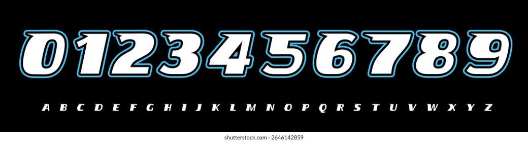 Font Logo Numbers Numeric Alphabet Typography Design Vector Type Typeface. Slanted varsity digits with retro outline, bold energy for sports jerseys, teamwear, racing numbers, dynamic game visuals