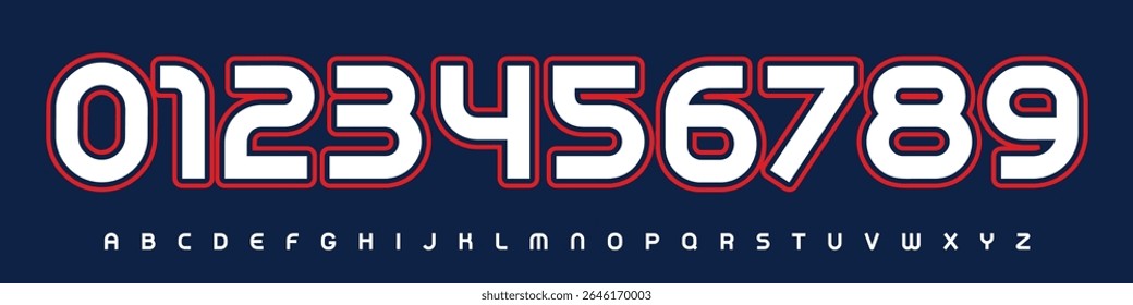 Font Logo Numbers Numeric Alphabet Typography Design Vector Type Typeface. Bold varsity digits with outline for sports jerseys, school league branding, fan posters, athletic visuals, team identity