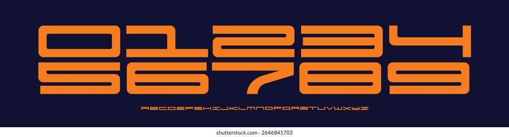 Fonte Números de logotipo Alfabeto numérico Tipografia Design Tipo de vetor face. Dígitos futuristas amplos com tom industrial techno para corrida, camisas de esporte, marca de ficção científica, contadores digitais, esporte cibernético