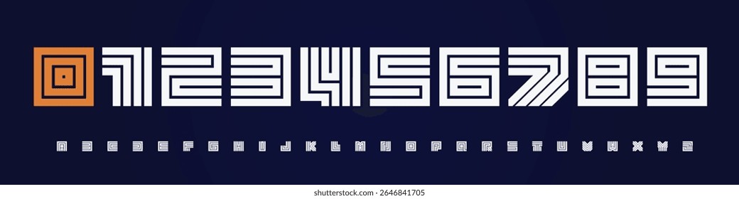 Font Logo Numbers Numeric Alphabet Typography Design Vector Type Typeface. Abstract squared modular digits with line maze techno bold energy for esports, arcade, digital posters, futuristic branding
