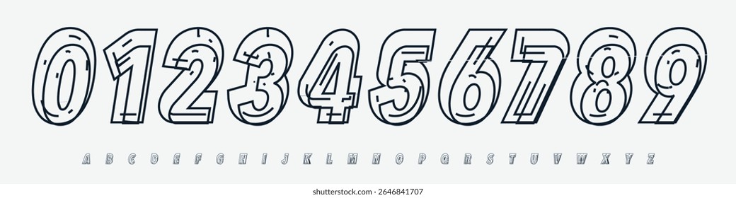 Font Logo Numbers Numeric Alphabet Typography Design Vector Type Typeface. Hand-drawn sketch digits with dynamic outline, for STEM, school merch, logic games, youth branding, fun scoreboard identity.