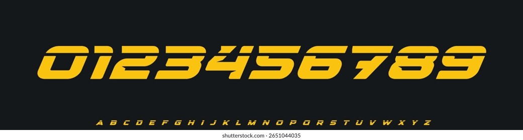 Font Logo Numbers, Numeric Alphabet Typography Design, Vector Type Typeface. Slashed racing digits with forward speed cut for scoreboard, team sports jerseys, fast-action titles, dynamic merch