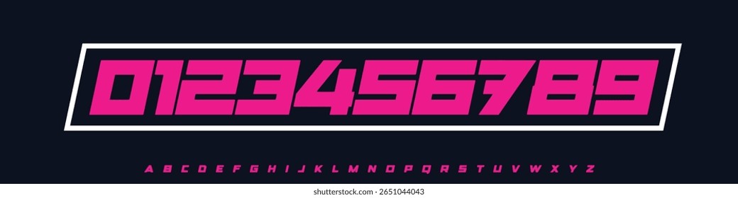 Fonte Números de logotipo Alfabeto numérico Tipografia Design Tipo de vetor face. Dígitos de bloco geométrico inclinado para números de corridas, visual de torneio esportivo, jogo de merch, marca de alta velocidade.