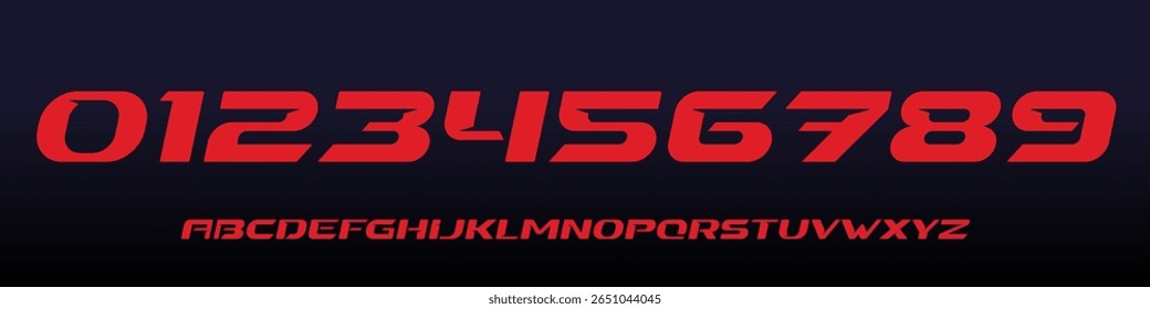 Font Logo Numbers Numeric Alphabet Typography Design Vector Type Typeface. Slanted racing digits with sharp speed energy for car numbers, sports jersey, fast dynamic overlays, tournament titles