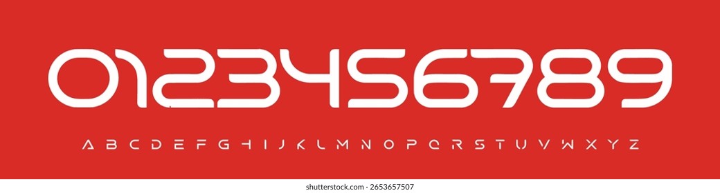 Fonte Números de logotipo Alfabeto numérico Tipografia Design Tipo de vetor face. Dígitos futuristas elegantes com curvas tecnológicas suaves para Sport Team, HUD, contadores de esportes, painéis de corrida, marca digital