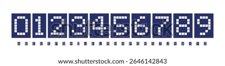 Font Logo Numbers Numeric Alphabet Typography Design Vector Type Typeface. Pixel grid digits with scoreboard style, retro digital impact for sport counters, old-school arcade, countdown layout