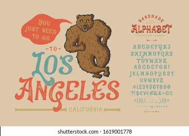 Font Los Angeles. Craft retro vintage typeface design. Graphic display alphabet. Uppercase and lowercase letters. Latin characters and numbers. Vector illustration. Old badge, label, logo template.
