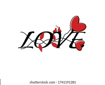 Font love with drawing red color hearts shape pattern, text love simple line art outline stroke, letter lover decoration romantic hand drawn isolated background, card design romantic Valentine’s Day 