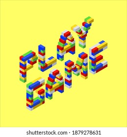 Schriftart aus farbigen Plastikblöcken. Die Inschrift Spielt das Spiel auf gelbem Hintergrund. Vektorgrafik