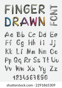 Font made from dirty finger drawn stroke and fill on gray background. ABC vector hand typeset symbols collection