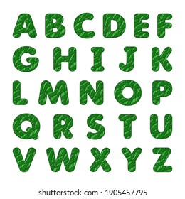 Font made from fresh green leaves. Spring or summer letters of the English alphabet. The theme of nature, ecology, organics. Vector illustration.