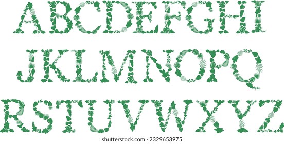 Font made with leaves, floral alphabet letters, vector design.
