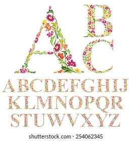 Font Made With Leaves, Floral Alphabet Letters Set, Vector Design.