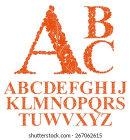 Font made with leaves, floral alphabet letters set, vector design.